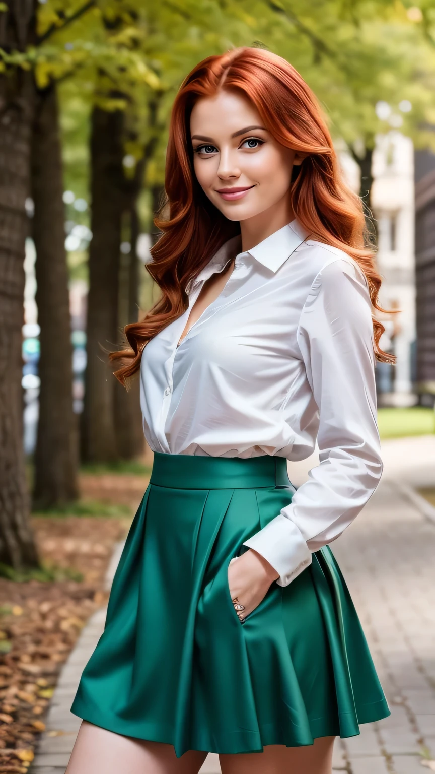 Realistic full body photo of a smiling, Young red-haired woman with long hair, She dances in front of the camera in a suit with a green skirt..., Park,glamour fotoshooting, Park, perfect anatomy, perfect green eyes. Perfect hands with 5 fingers on each hand, Matching girl, looking at the camera, 1 Frau. (Eye make up:1.1), (highly detailed skin:1.1), spirit, analog style, keen focus, 8K  UHD, dslr, good quality, Fujifilm XT3, Grain, Award-winning, ​masterpiece. Park