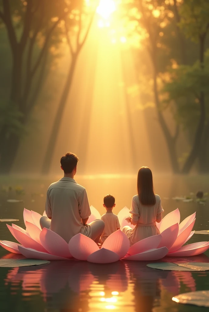 Children mom dad illuminated sun by meditation on Lotus flower 