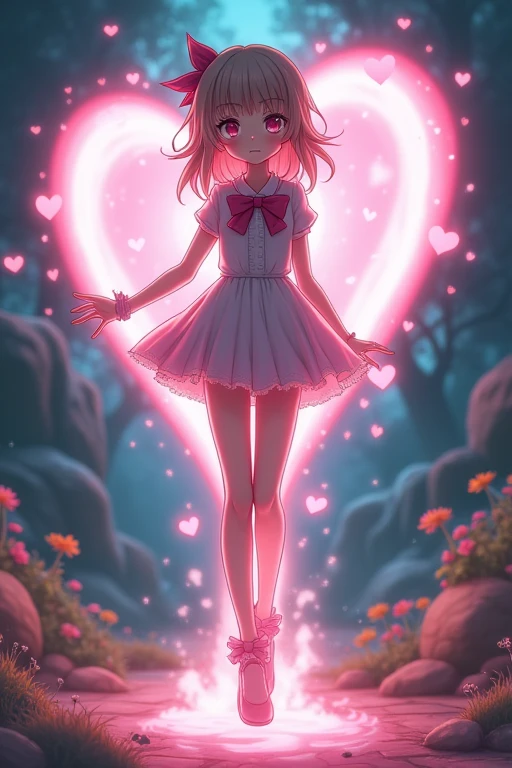 ((best quality)), ((masterpiece)), (detailed), A magical girl takes a growth potion and her legs grow longer and longer, she looks troubled.
Heart effect, still growing
