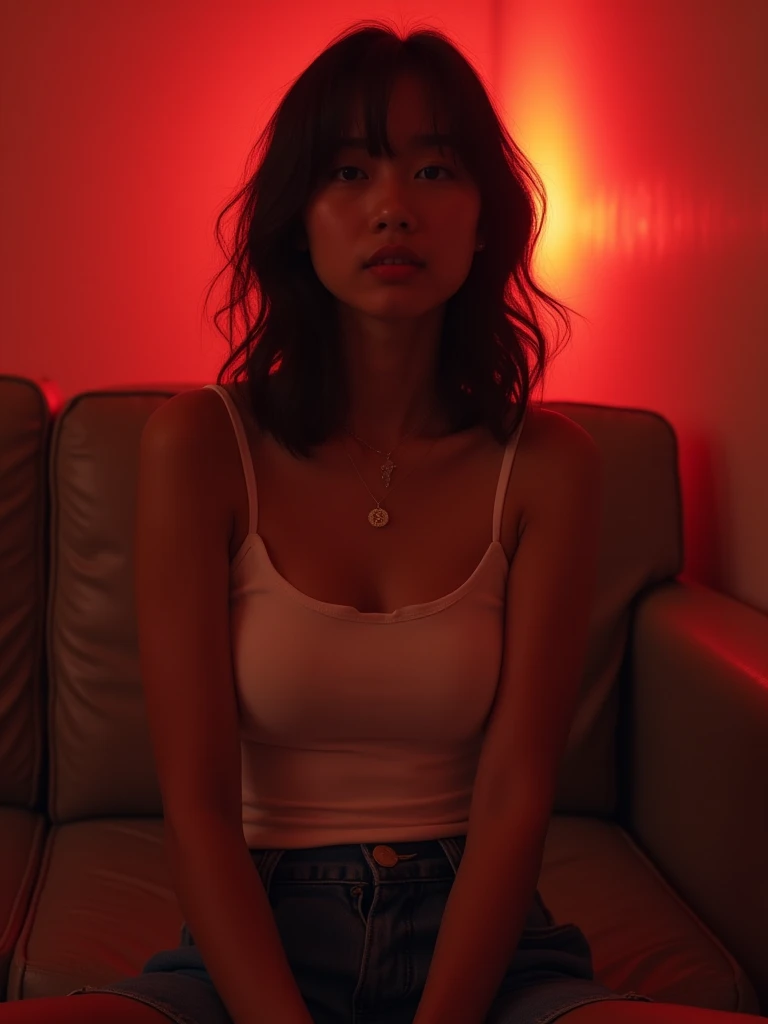 girl、 analog film photo, (Create a realistic and photorealistic photo image)、whole body、White tank top、Dimly lit place、Red light、Sitting、blur, tint, depth,