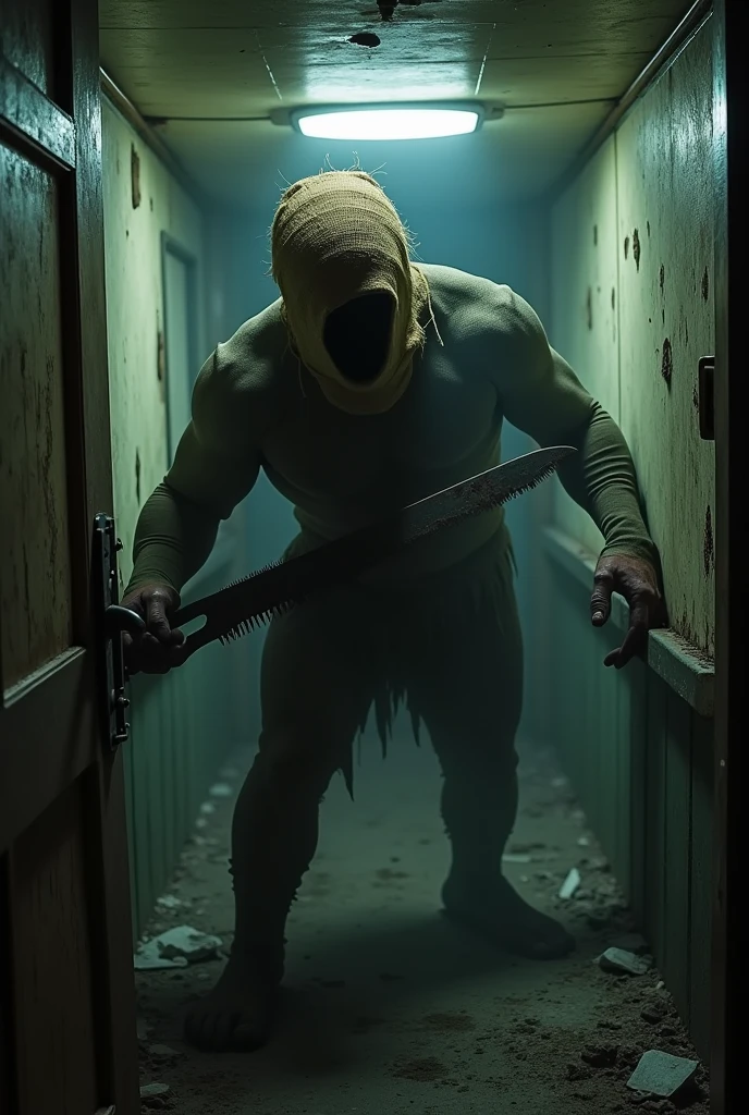Abandoned cruise ship view from inside, FIRST PERSON PERSPECTIVE, Room with Monster with potato sack on his head and a saw in his hands 