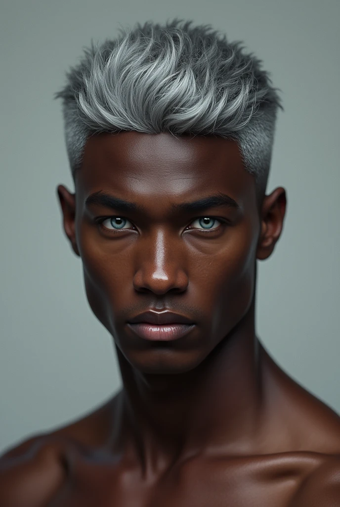 Cheerful young man with dark complexion, short silver grey hair, very light blue eyes, Defined muscles but not too much, handsome
