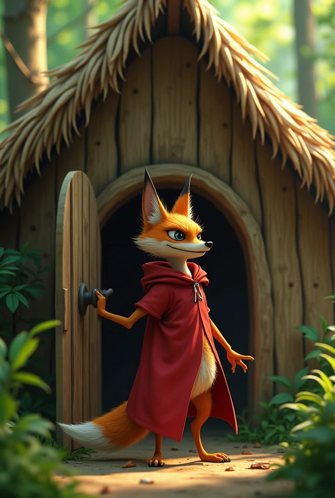 closeup 3D illustration, (1male fox:1.2), (sinister yet playful expression:1.5), dangerously playful, dark humour, wearing a red cape and a red hoodie standing on its too feet like a cartoon character, creepy pose, lean build, (disproportionate body long nose and mouth), (smiling notoriously with expression of plotting something, scheming look, up to no good, mischievous intent, sinister, playful but dangerous, naughty and scary), (realistic fur texture), (jungle background:1.4), standing and knocking the wooden door of a straw house, wooden door, straw house, sunlight filtering through the trees, (soft lighting:1.3), (green and earthy color scheme:1.3), (highly detailed), (ultra quality:1.3), (masterpiece), (digital art), 8K resolution, HDR, depth of field, (soft shadows), (photorealistic:1.3), (animation:1.2), (by Greg Rutkowski:0.9), (in the style of Alphonse Mucha), trending on ArtStation, award-winning art