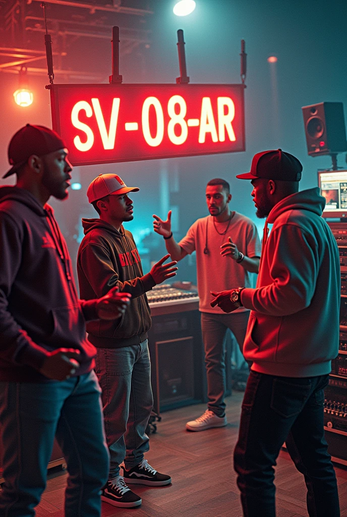 Cover a song with a sign saying SV-08-AR and dynamic images of several rappers in the music studio recording and exchanging ideas