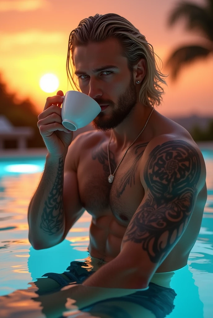 Daniel Salgado blonde gradient hair with light braids, light green eyes,White skin , lips with gloss, muscular,sex, with tattoos athletic body masculine energy and sexy defined chin trimmed beard blonde colored tattoo naked in a pool with LED lights drinking a cup of coffee a beautiful sunrise 