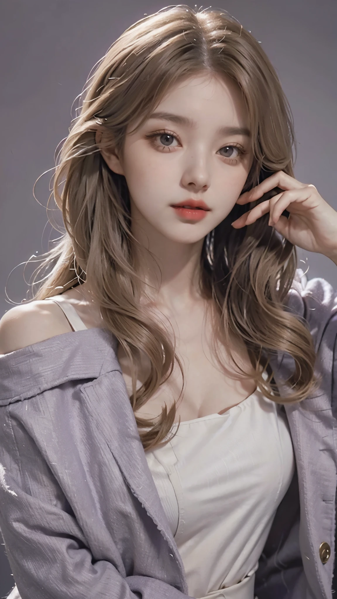Girl wearing, luxury purple coat, shoulder length hair, wavy hair, glowing skin, star in eye, red lips, grey background, cute poses , upper body, light blonde hair.