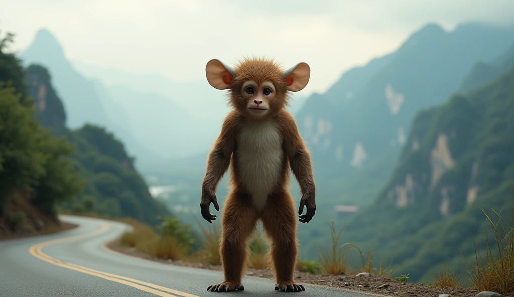Facing the Panorama,There is a wild beast on the mountain road in Guilin,Looks like a brown monkey but has white ears,Standing upright like a human(best quality,4K,8k,High level,masterpiece:1.2),Ultra Detailed,(lifelike,Photo real,Photo real:1.37)