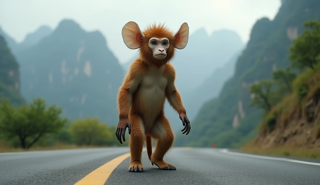 Facing the Panorama，There is a wild beast on the mountain road in Guilin，Looks like a brown monkey but has white ears，Standing upright like a human（best quality，4K，8k，High level，masterpiece：1.2），Ultra Detailed，（lifelike，Photo real，Photo real：1.37）