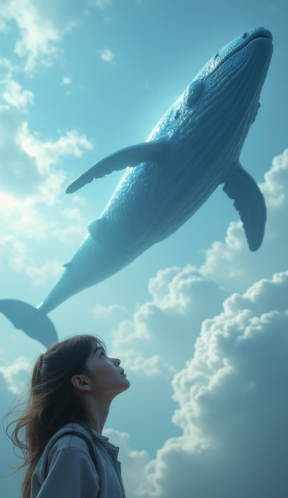 a girl is looking up to the sky, a flying blue whale is flying through the clouds, surrealism, 