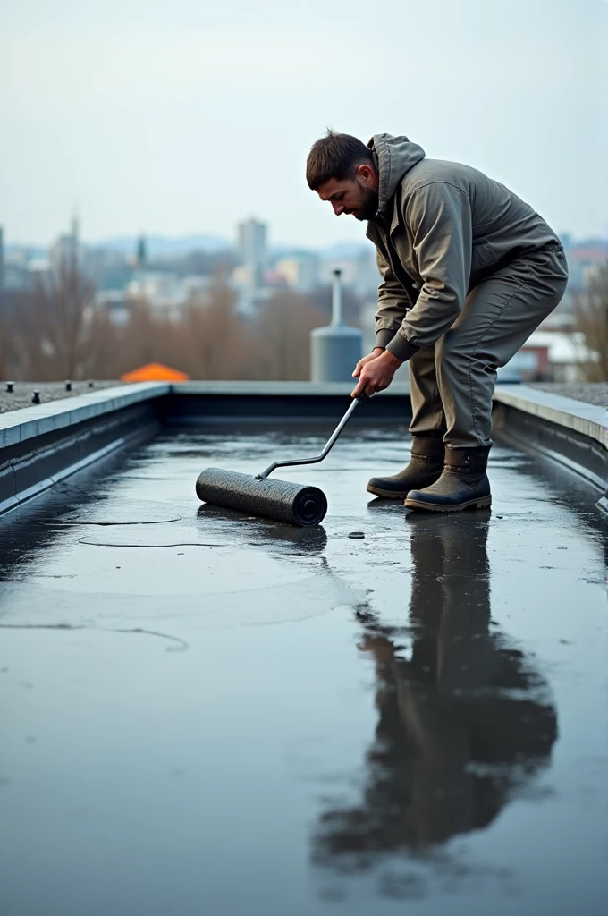 Man waterproofing a roof with liquid waterproofing film 