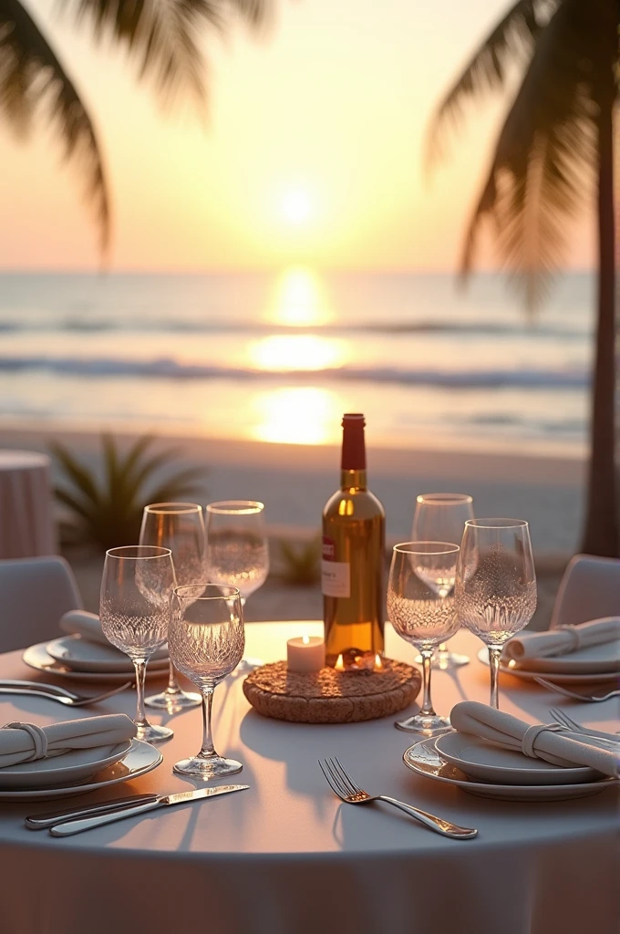 An elegant dining table with a beach view in the background. The table is decorated with western-themed tableware such as white porcelain plates., silver cutting tool, and crystal wine glasses. On the table are neatly folded linen napkins, a classically styled center candle, and a bottle of wine. Around the table, white sand beach and gentle waves can be seen clearly. The setting sun gives a warm and romantic atmosphere, reflecting golden color on the sea surface.