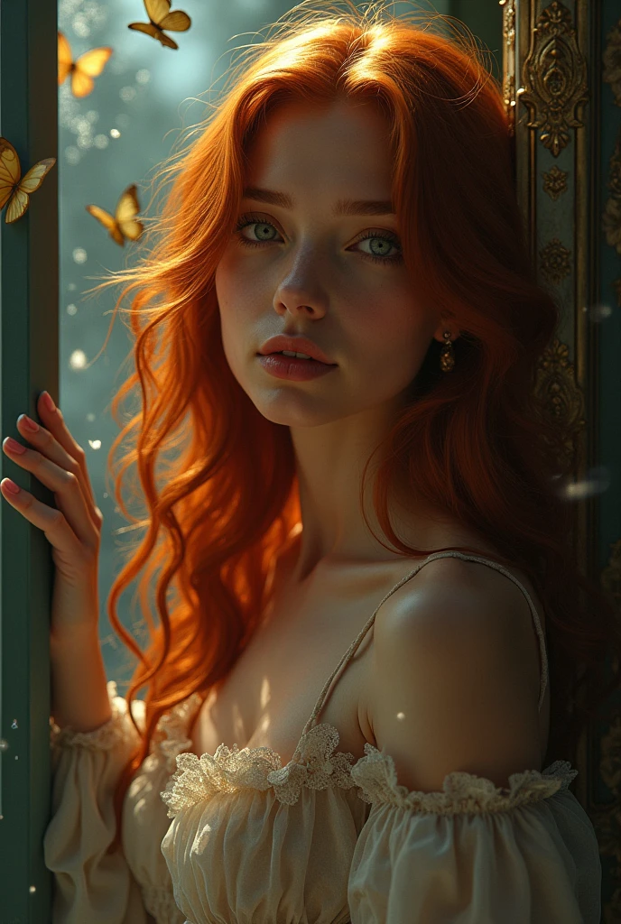 (solo, full body photo:1.3), (action packed:1.3), (haze, fog, mist:1.3), chiaroscuro, best quality, photorealistic, 1woman, (cute), (24yo:1.2), redhead, long ginger hair highly detailed, 1700'S, digital photography, art by artgerm and ruan jia and greg rutkowski surreal painting gold butterfly filigree, broken glass, (masterpiece, sidelighting, finely detailed Fashionable eyes: 1.2) (perfect oval large eyes that gazes at the viewer), beautiful detailed face, blue gorgeous perfect eyes, (blonde hair ponytail), (attractive young woman:1.3), (thick amazing hair), (seductive:1.1), (blushing:1.1)