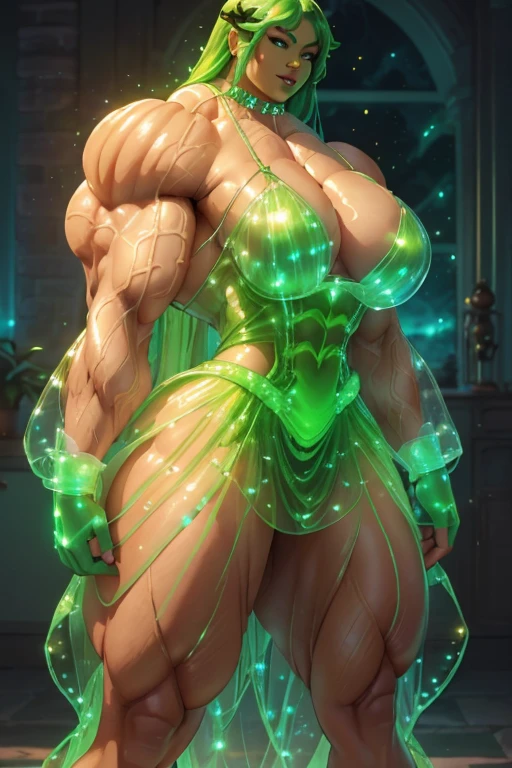 ((Close-up)), tall, (green hair) beautiful muscular woman, long curvy hair, brown skinned, large breast, closed smile, (black lipstick), (massive muscles), (hyper muscle), (((ginormous bulky muscles))), orange eyes, (((green Bioluminescent dress))), (Bioluminescent gloves), Bioluminescent choker, high heels, in a mystical world