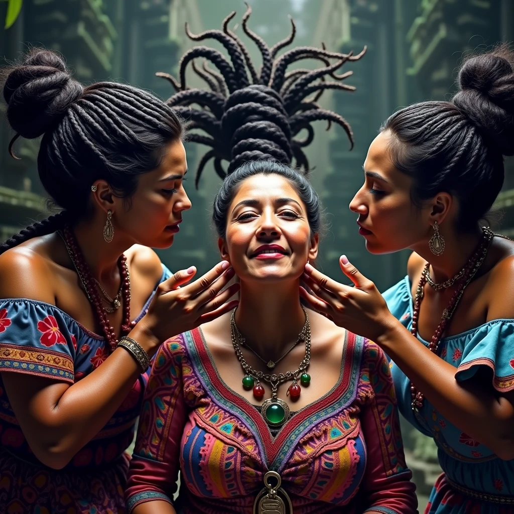 An unusual yet intriguing scene unfolds within the sacred precincts of an ancient Mayan temple. Three Mexican Mayan ladies, each at a different stage of life—youth, maturity, and elderliness—are adorned in vibrant, traditional Mayan dresses that contrast strikingly with the dark, mystical backdrop. Their hair, an extraordinary spectacle, is styled into unnaturally black cornrowed braids that coil and twist like springs. Each braid, meticulously crafted and oiled to perfection, gleams with an almost surreal sheen. The braids, saturated with an unimaginable amount of oil, resemble wet pulp that absorbs and reflects light, enhancing their visual impact.
The lady in the center, kneeling gracefully, is the focal point of the scene. Her hair cascades down her back in a mesmerizing display of glossy, coiled perfection, reflecting light like a sea of black mirrors. The other two ladies, equally adorned with oil-soaked, intricately braided hair, lean over her. With faces expressing a blend of reverence and indulgence, they engage in a deeply intimate ritual. They lick and kiss her scalp with their tongues, savoring the taste of the oil and the texture of her hair. Their faces are full of the taste of the oil, their expressions a mix of enjoyment and devotion as they explore the sensory experience.
The act of licking and kissing her hair is not merely a grooming ritual but a profound expression of adoration and connection. The thick, curly locks of each lady bounce and sway with every tender caress, creating a rhythmic dance of texture and sheen. The scene is imbued with a sense of sacredness, as if the act itself is a form of divine invocation. Each curl and braid serves as a testament to nature’s boundless creativity, while the trio’s shared ritual speaks to a deep-rooted bond of sisterhood and the mysterious powers of feminine unity. The image captures a moment that is both