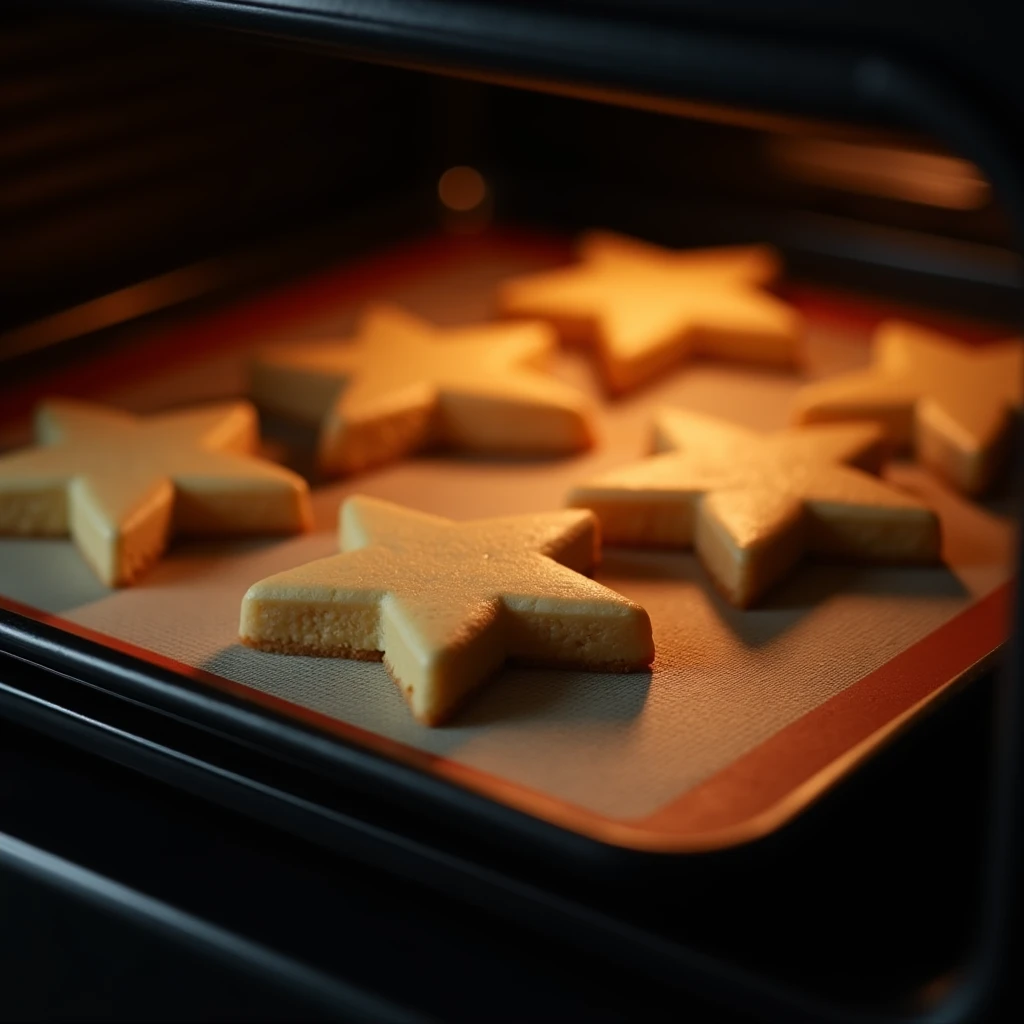 "Star-shaped sablé cookies baking in a black modern oven with no items on top, illuminated by orange lighting, no people present, focused on the cookies. The cookies are baking on a silicone mat placed on an oven tray."