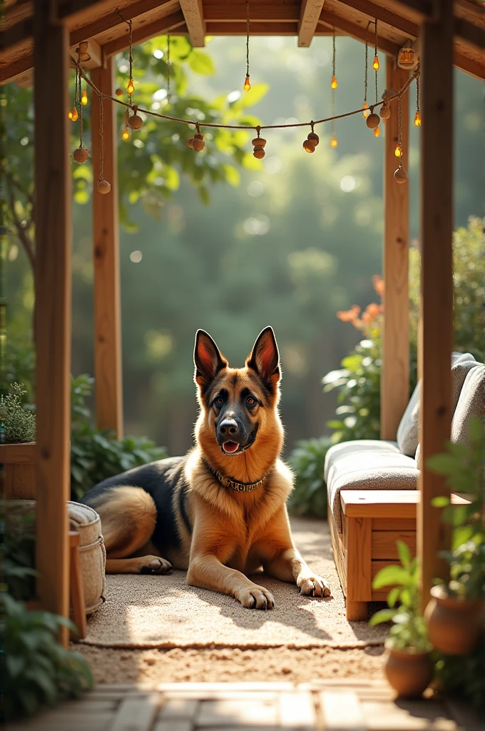 Create a comfortable living space for a German shepherd, that also fulfils this breeds living requirements such as hygienic and healthy living conditions, sufficient space to play and train both physically as well as mentally. Also include an area for food water and resting