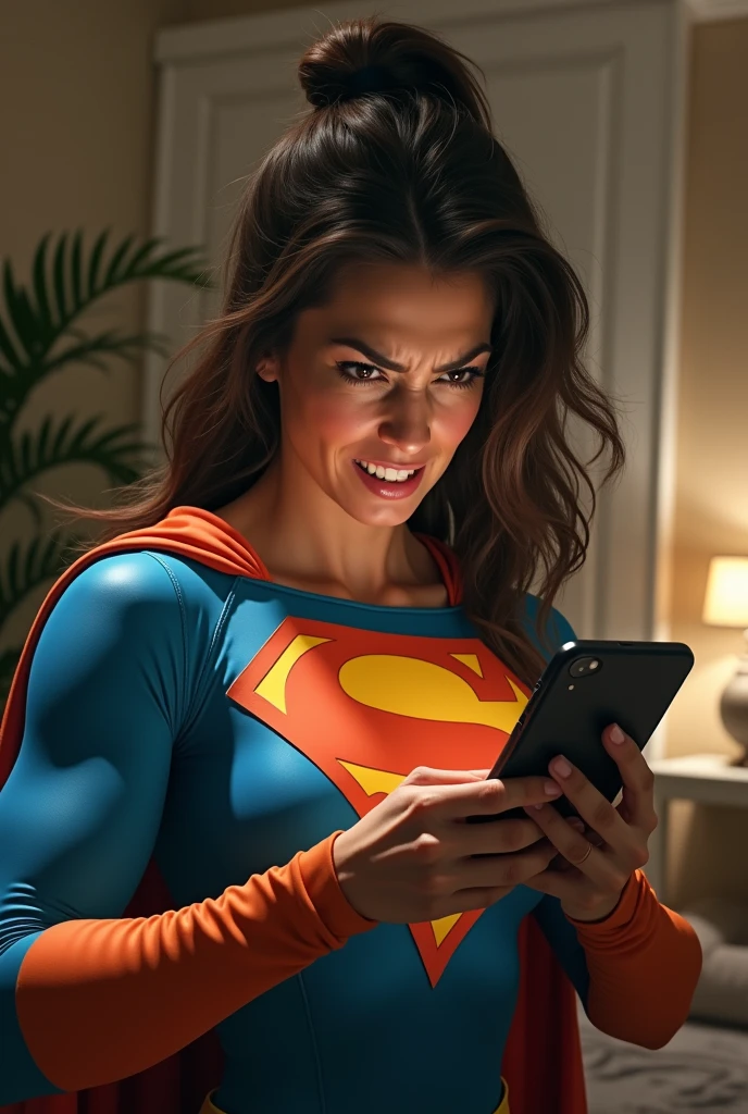 Superwoman watching phone very angry faceat home