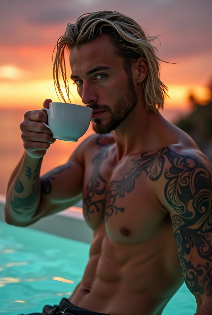 Daniel Salgado blonde gradient hair with light braids, light green eyes,White skin , lips with gloss, muscular,, with tattoos athletic body masculine energy and  defined chin trimmed beard blonde colored tattoo  in a pool with LED lights drinking a cup of coffee a beautiful sunrise 
