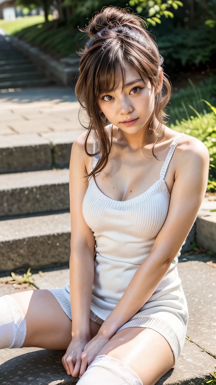 (Woman walking down the stairs:1.2、Squint your eyes and laugh)、((Wearing a camisole dress:1.4、(wearing over-the-knee socks:1.5)))、(View from the front、View from directly below)、(Realistic、Like a photograph、Live Action、8k, Realistic, RAW Photos, Best image quality: 1.4), Single-lens reflex camera、RAW Photos, Highest quality, Realistic, Highly detailed CG Unity 8k wallpaper, Written boundary depth, Cinematic Light, Lens flare, Ray Tracing, Realistic background、((ultra high density skin))、(whole body:1.5)、Long Hair 1.2、ponytail、Hair blowing in the wind:1.4)、I like that style、stylish、Very detailed、Pay attention to the details、Perfect outfit、(Sunburned skin)、Accurate hands、Accurate legs、Detailed hands and fingers、Anatomically correct body、Thin legs、Thin thighs、Large Breasts、Very detailedな顔