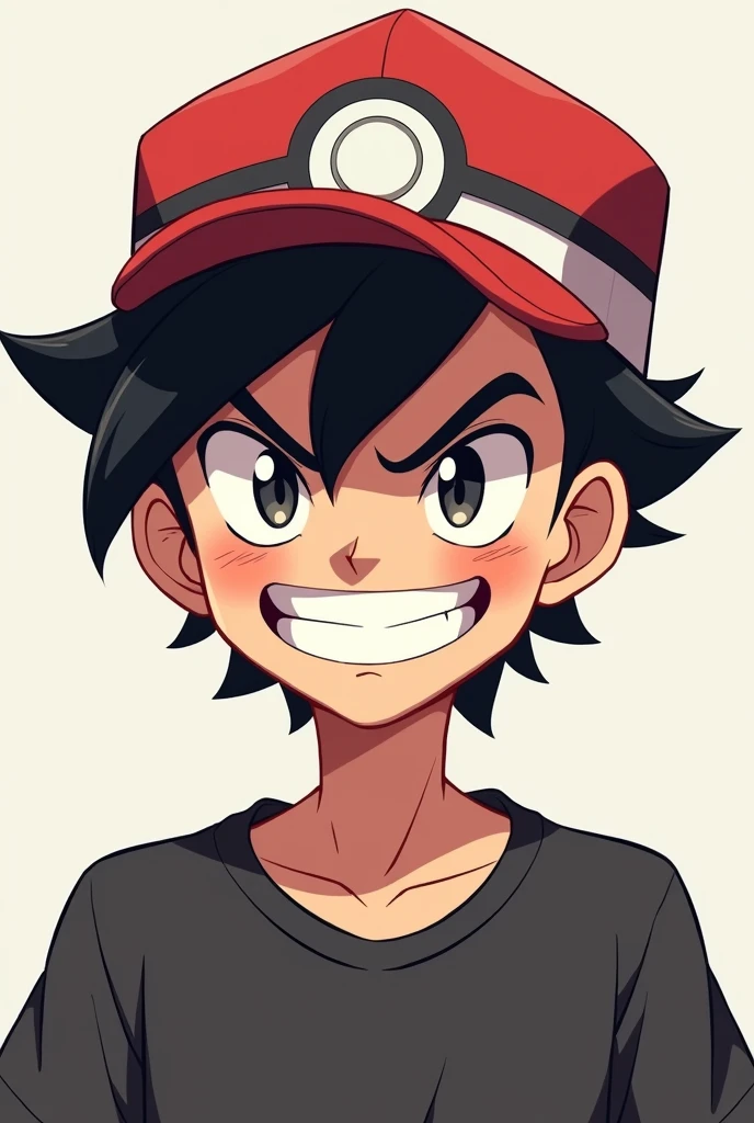 young adult, Caucasian skin, Bblack hair, Scrawny, military hair, YouTube profile, with pokeball pokemon cap, 2d, Only from the neck up, evil grin