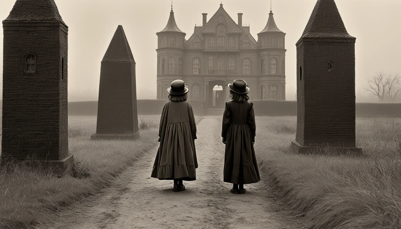 A ((very old photograph in sepia tones only, monochrome)) surreal, Victorian era style image featuring in ((extreme close-up) a with pale skin and striking facial features, including high cheekbones and dark, dramatic makeup. Both children are dressed in black Victorian-era clothing. They are standing with their backs to a hairy, large-eyed, bogeyman-like creature that is holding a rectangular object studded with nails between them. The background is a desolate, misty countryside with strange structures of maze, altered reality, another dimension, adding to the eerie and creepy atmosphere of the scene, photorealistic, early science fiction, Intricate Details, from the film Metropolis, inspired by Fritz Lang's Metropolis, Directed by F. W. Murnau. Retro-horror, 1837, Old sci-fi film, ((motion picture film)), Ultra detailed, Chiascuro, Intricate, Sharp focus, Studio photography, Highly detailed, Photorealistic style, Hyperrealistic, High dynamic range, B&W, Realistic textures, 8K UHD, Nikon D 850, Kodak Portra 400, Fujifilm XT, 3D rendering.