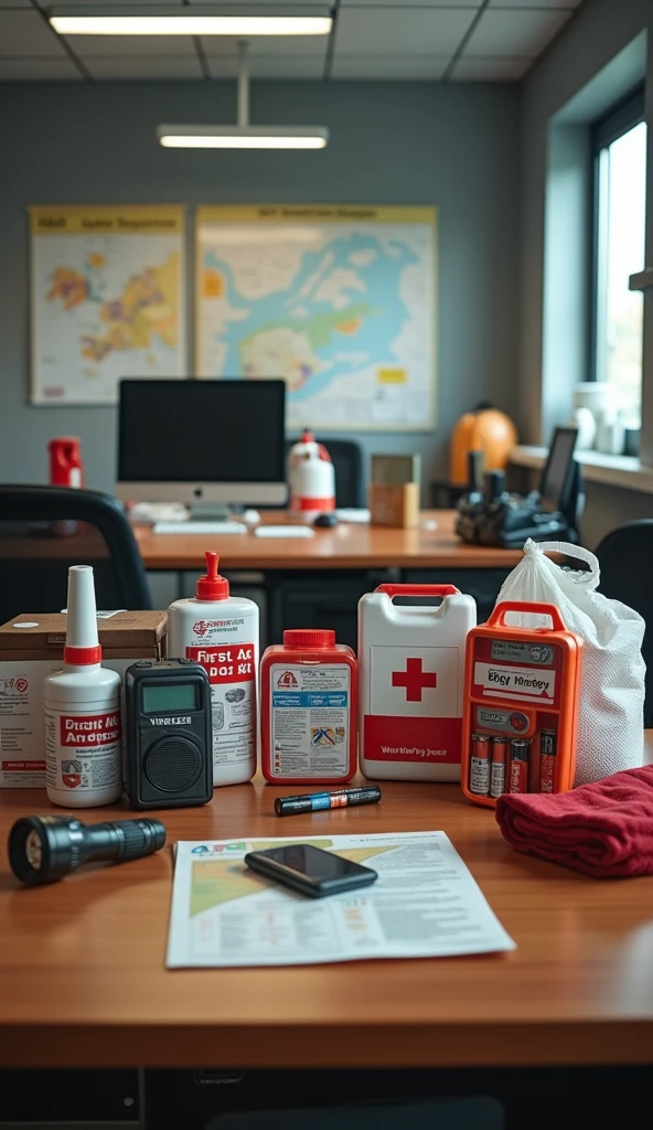 Disaster prevention supplies on a desk