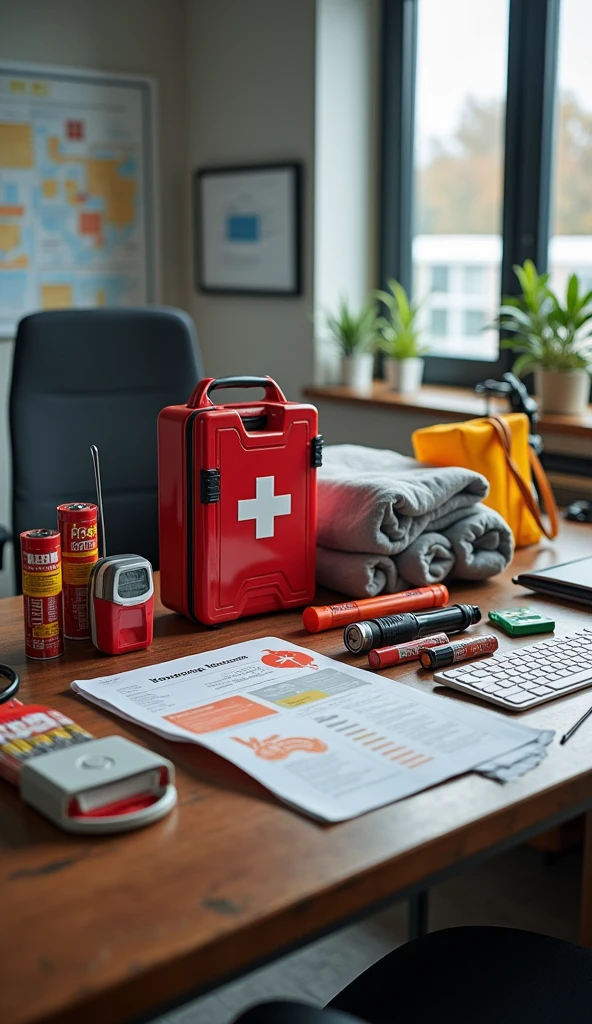 Disaster prevention supplies on a desk