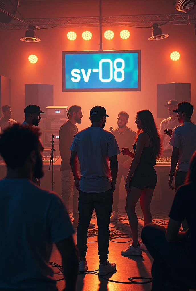 Cover a song with a sign saying SV-08-AR and dynamic images of a crowd of rappers in the music studio recording and exchanging ideas
