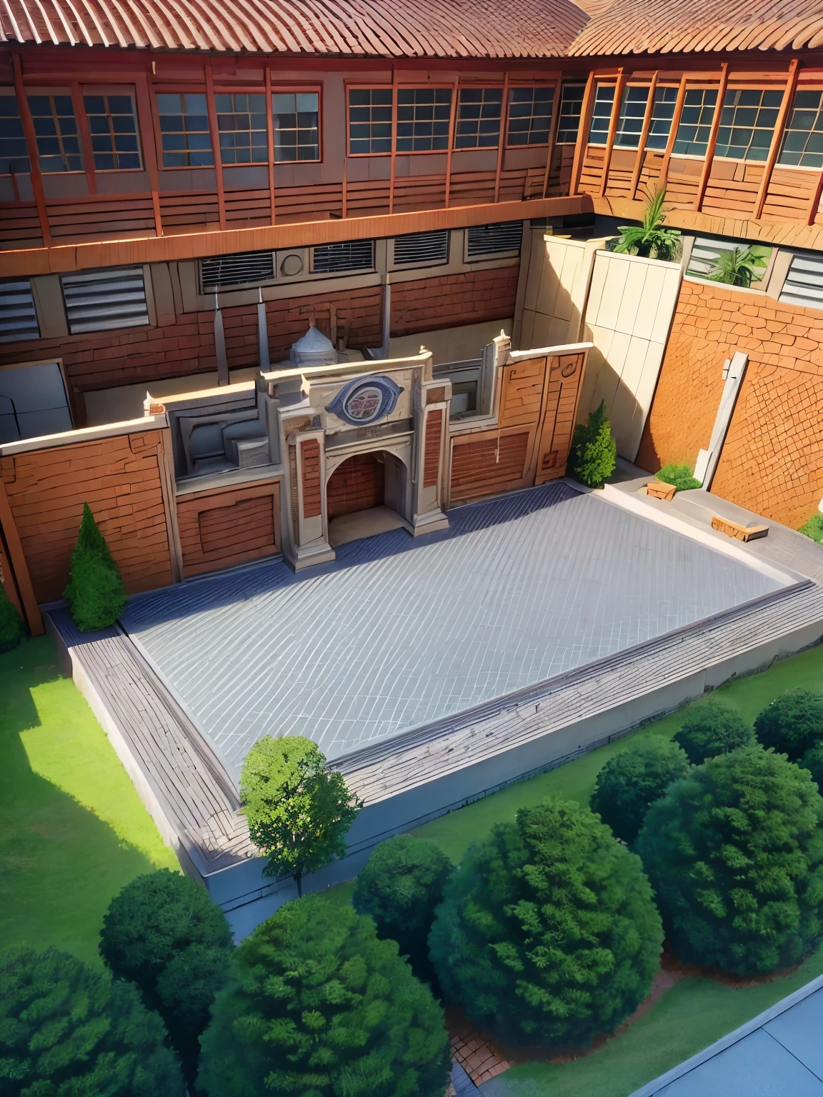 (masterpiece, best quality:1.2), Tenkaichibudoukai, outdoor, battle stadium, stone stage:1.25, square stage:1.25, roof in behind, entrance space  between red short wall in back, audience box seats in battle stadium,  
