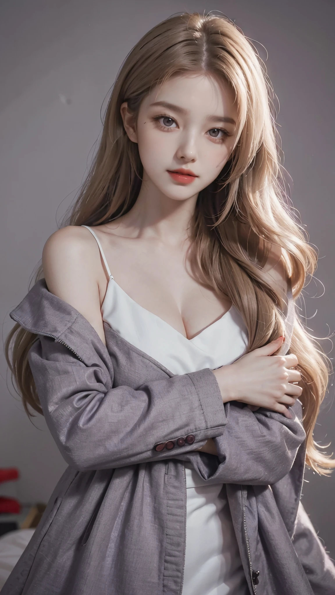 Girl wearing, luxury purple coat, shoulder length hair, wavy hair, glowing skin, star in eye, red lips, grey background, cute poses , upper body, light blonde hair.