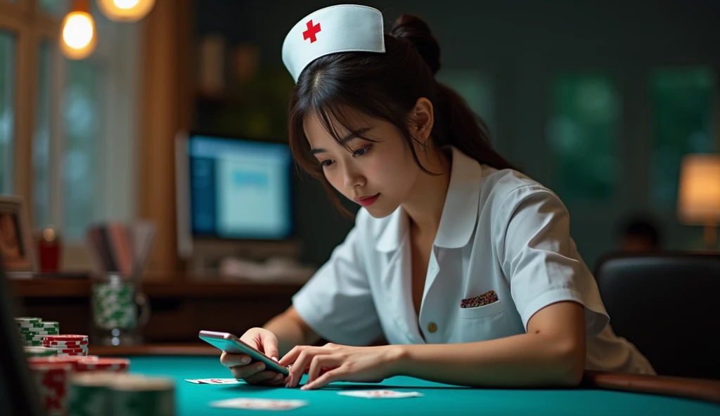 Create an image of a sexy Asian nurse assistant addicted to online gambling.,using phone