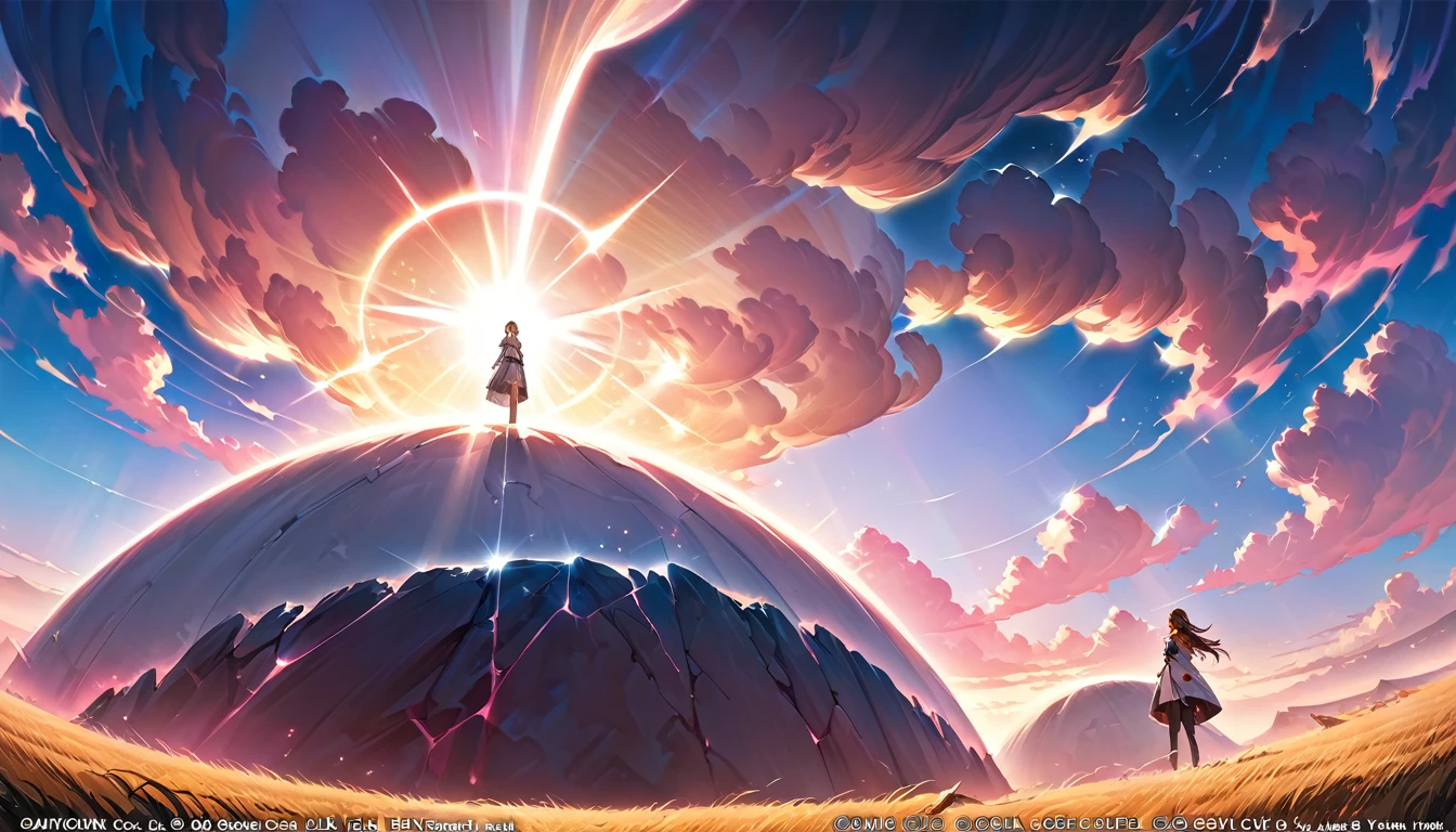 Absurd, High resolution, (Official Art, beautifully、aesthetic:1.2), close,
Bright Sky, A vast world, girl, stare, Awe-inspiring expressions, Distant Horizon, cloud, High Hill, Natural Beauty, Inspiration, Light effects,