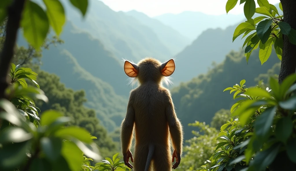 Facing the Panorama,There is a wild beast on the road in the osmanthus forest,Looks like a brown monkey but has white ears,Standing upright like a human(best quality,4K,8k,High level,masterpiece:1.2),Ultra Detailed,(lifelike,Photo real,Photo real:1.37)
