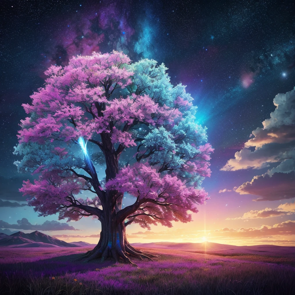 Painting of a tree with iridescent sky on background, the Tree of Life, Space Tree of life, Magic Tree, Tree of Life seed of doubt, Fantasy Tree, Tree of Life, the world Tree, Space Tree, Magic Tree, Magical colors and atmosphere, Colorful concept art, world Tree, Yggdrasil, Beautiful Art UHD 4K Bright Future Time and space Girl1people