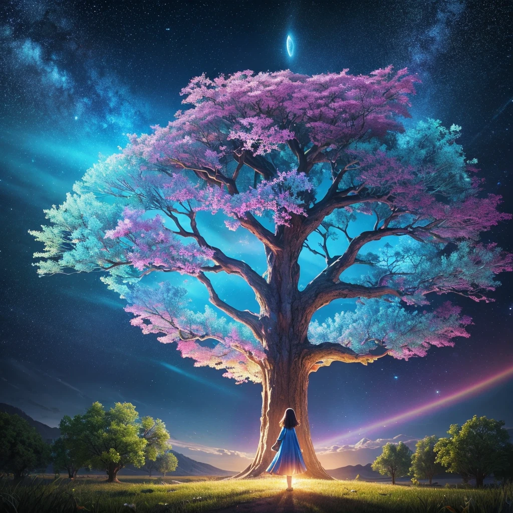 Painting of a tree with iridescent sky on background, the Tree of Life, Space Tree of life, Magic Tree, Tree of Life seed of doubt, Fantasy Tree, Tree of Life, the world Tree, Space Tree, Magic Tree, Magical colors and atmosphere, Colorful concept art, world Tree, Yggdrasil, Beautiful Art UHD 4K Bright Future　Time and space　Girl１people