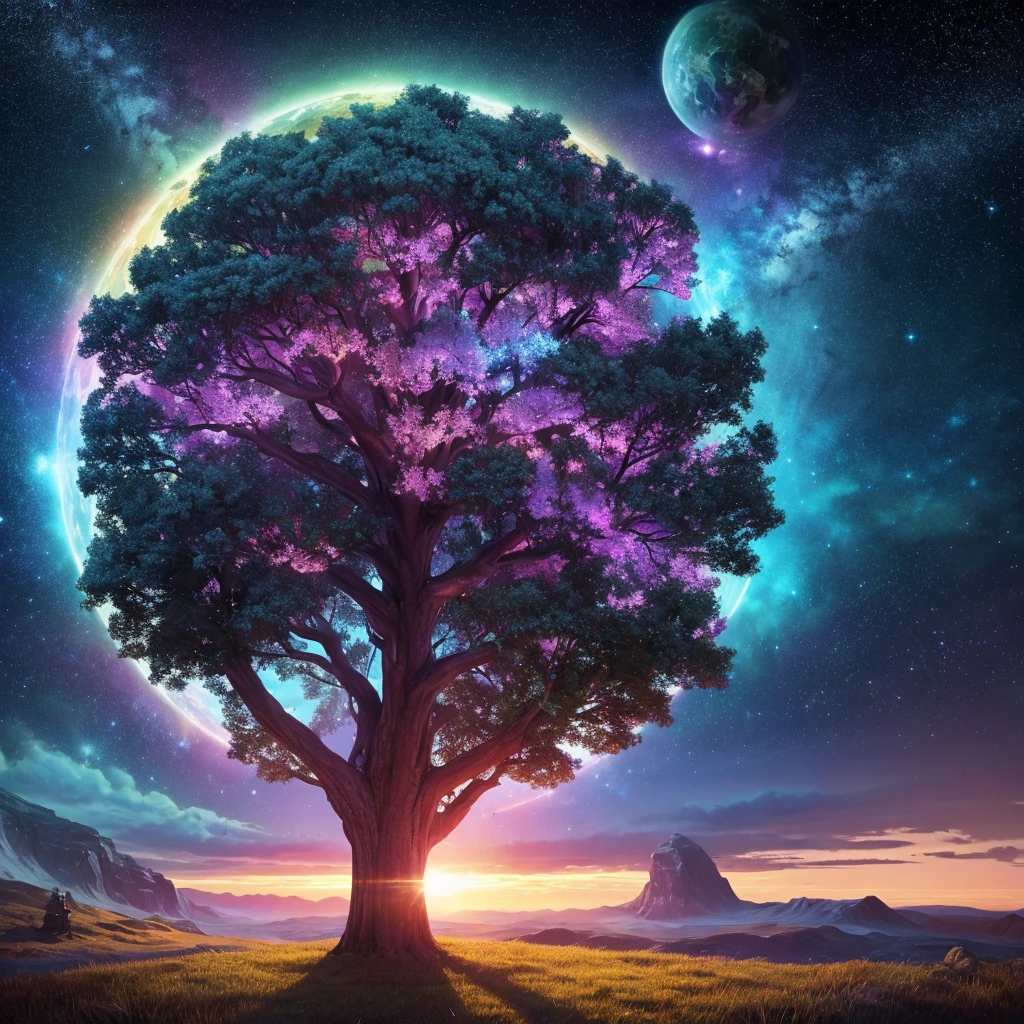 Painting of a tree with iridescent sky on background, the Tree of Life, Space Tree of life, Magic Tree, Tree of Life seed of doubt, Fantasy Tree, Tree of Life, the world Tree, Space Tree, Magic Tree, Magical colors and atmosphere, Colorful concept art, world Tree, Yggdrasil, Beautiful Art UHD 4K Bright Future　Time and space　Girl１people