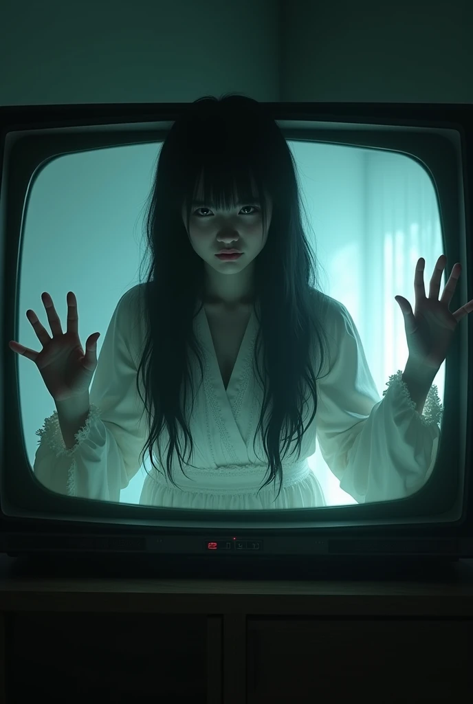 In an old Japanese living room, the atmosphere is very dark, an old television is brightly lit and splashing broken glass from television is visible around. ((a woman with very long and messy hair covering her all of her face, wearing a white robe, open mouth, scary sharp teeth suddenly jumping out and crawling from inside the television and broke the television glass)), front view. Hands reaching forward showing pale skin and long black nails, dramatic lighting, intricate detailed, highly detailed, masterpiece, ultra realistic, hyper realistic. Scary atmosphere. Ju-on