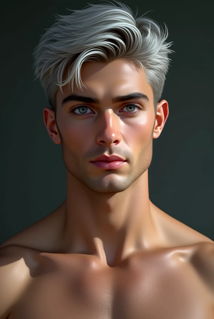 Young man with light brown complexion, short silver grey hair, very light blue eyes, Defined muscles but not too much, handsome
