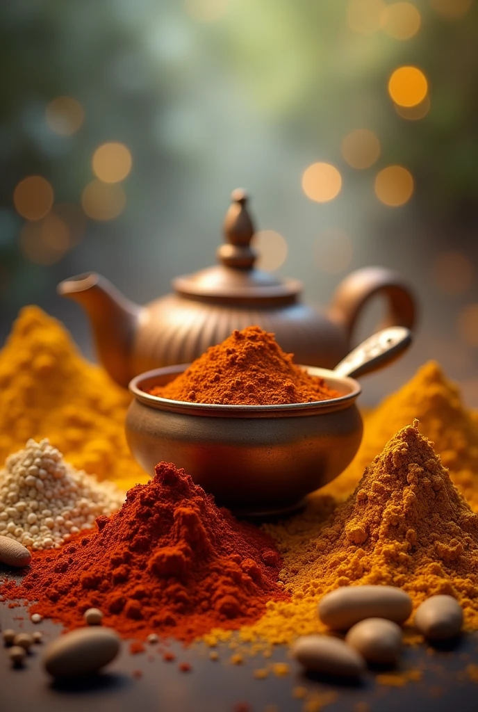 create a blured picture with indian spices , powder and rice, add a image of kadakalli,