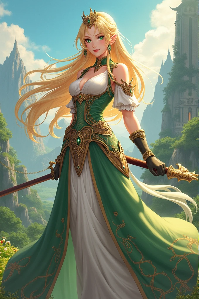 Generate a character in the style of Genshin Impact with the following characteristics, long blonde hair, green eyes, two-handed weapon, queen's outfit and a kind smile on her face
