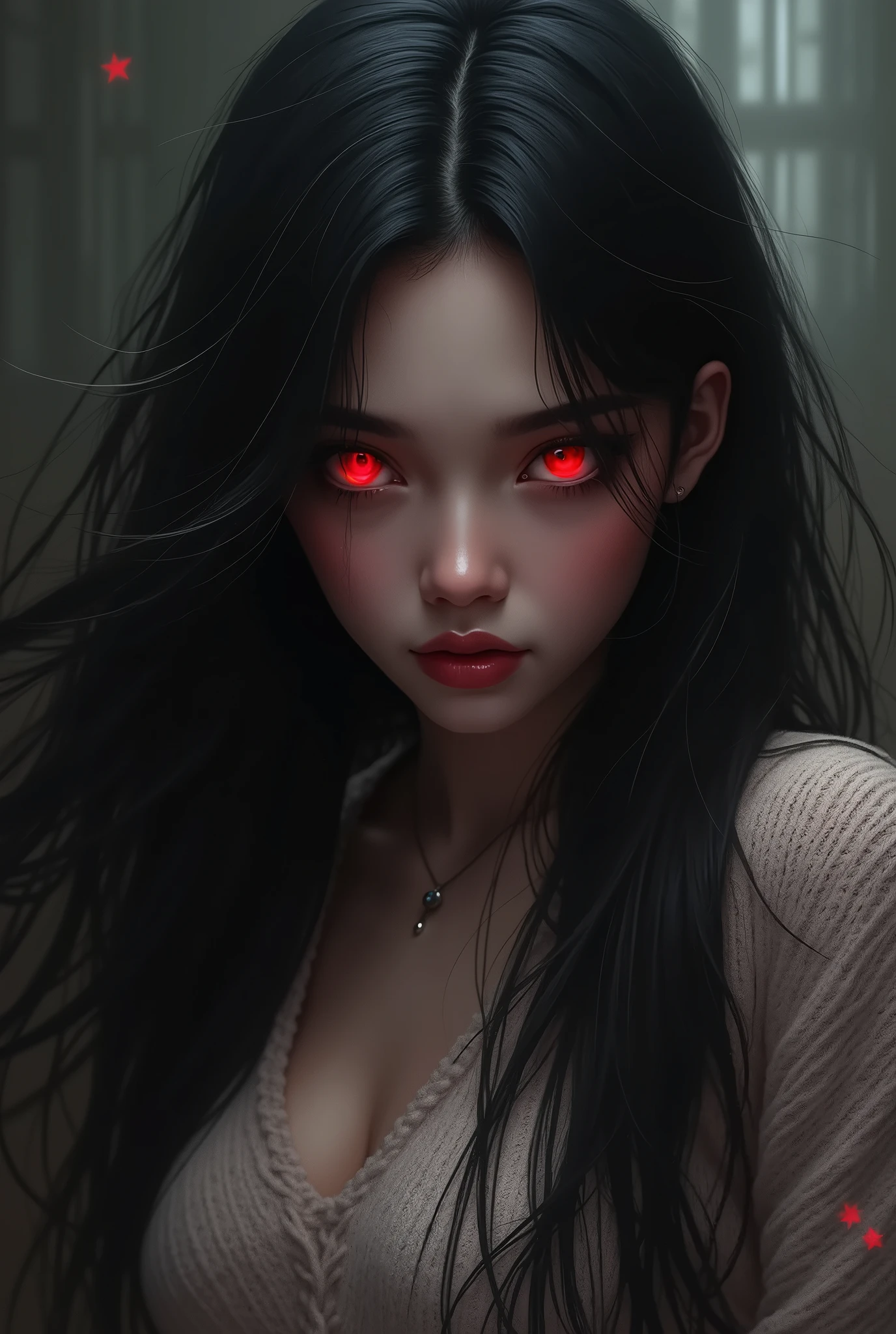 Female,Beautiful,Black hair,Long,Red eyes,Sparkling,Sweater,Possessive,Yandere