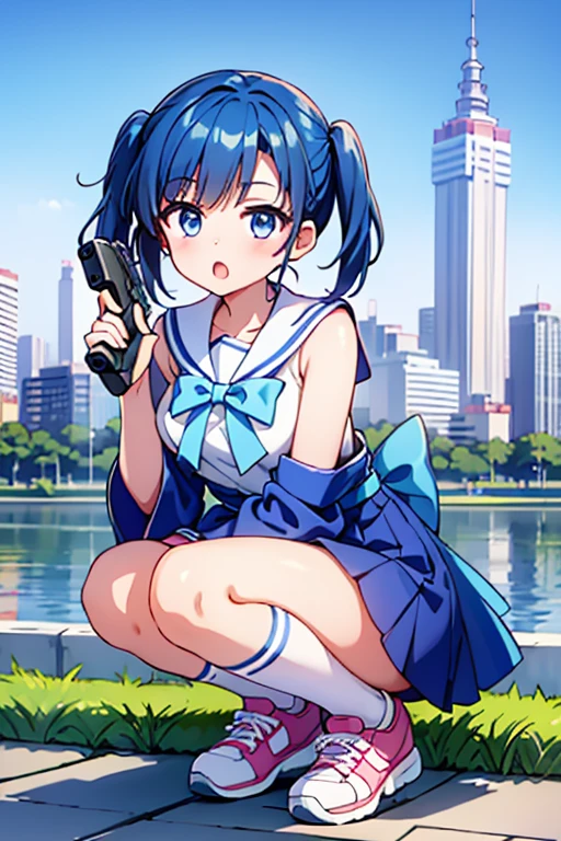 Highest quality、Ultra HD、One Woman、(Blue hair twintails 1.3)、(Pink Sailor Suit 1.3)、(Pink Ribbon)、(White sneakers 1.1)、((Baby Face))、((With a gun in each hand.5))、(Japanese Idol Faces 1.2)、(White over-the-knee socks 1.2)、thin、Small breasts、(Daytime city background 1.2)、((Clear and beautiful touch))、(2 Asian female)