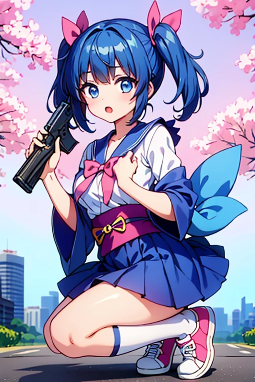 Highest quality、Ultra HD、One Woman、(Blue hair twintails 1.3)、(Pink Sailor Suit 1.3)、(Pink Ribbon)、(White sneakers 1.1)、((Baby Face))、((With a gun in each hand.5))、(Japanese Idol Faces 1.2)、(White over-the-knee socks 1.2)、thin、Small breasts、(Daytime city background 1.2)、((Clear and beautiful touch))、(2 Asian female)