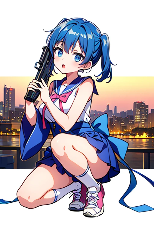 Highest quality、Ultra HD、One Woman、(Blue hair twintails 1.3)、(Pink Sailor Suit 1.3)、(Pink Ribbon)、(White sneakers 1.1)、((Baby Face))、((With a gun in each hand.5))、(Japanese Idol Faces 1.2)、(White over-the-knee socks 1.2)、thin、Small breasts、(Daytime city background 1.2)、((Clear and beautiful touch))、(2 Asian female)