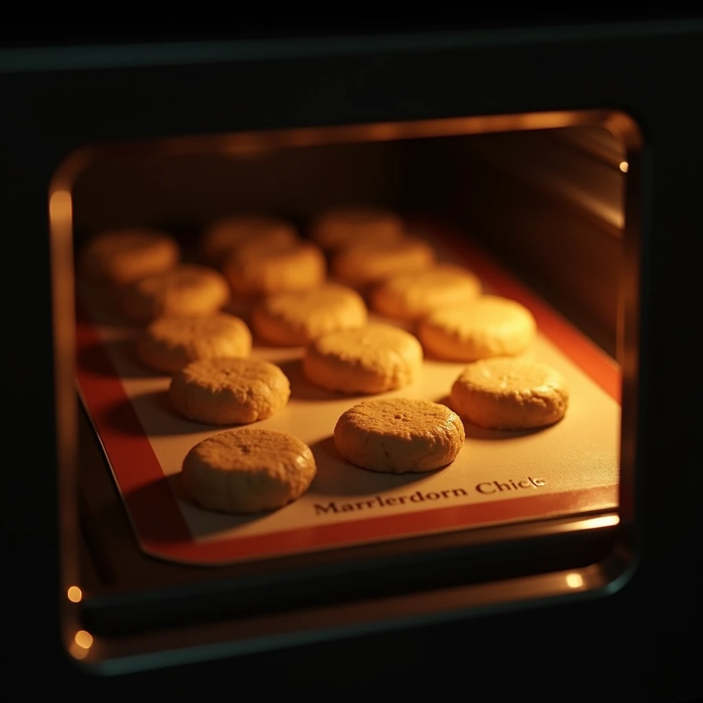 round sablé cookies baking in a black modern oven with no items on top, illuminated by orange lighting, no people present, focused on the cookies. The cookies are baking on a silicone mat placed on an oven tray."