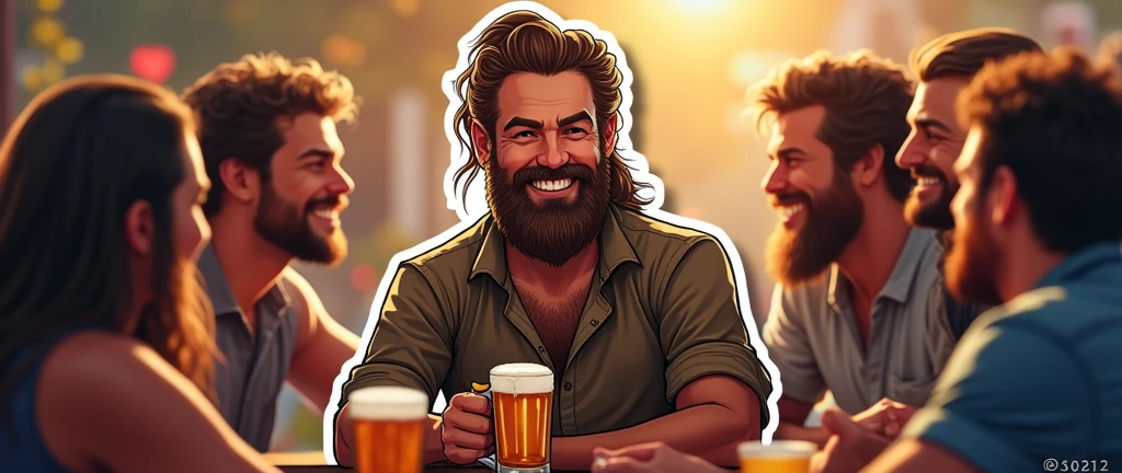 sticker of a bearded man with his hair pulled back, beer drinking, holding a beer and surrounded by friends