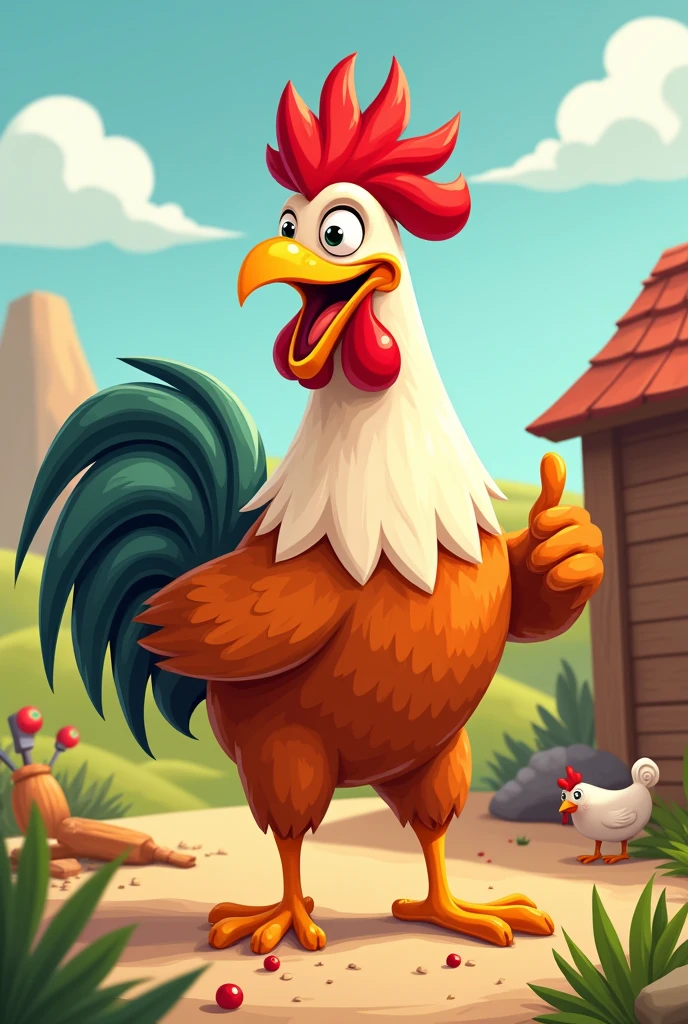 A cartoon rooster working 