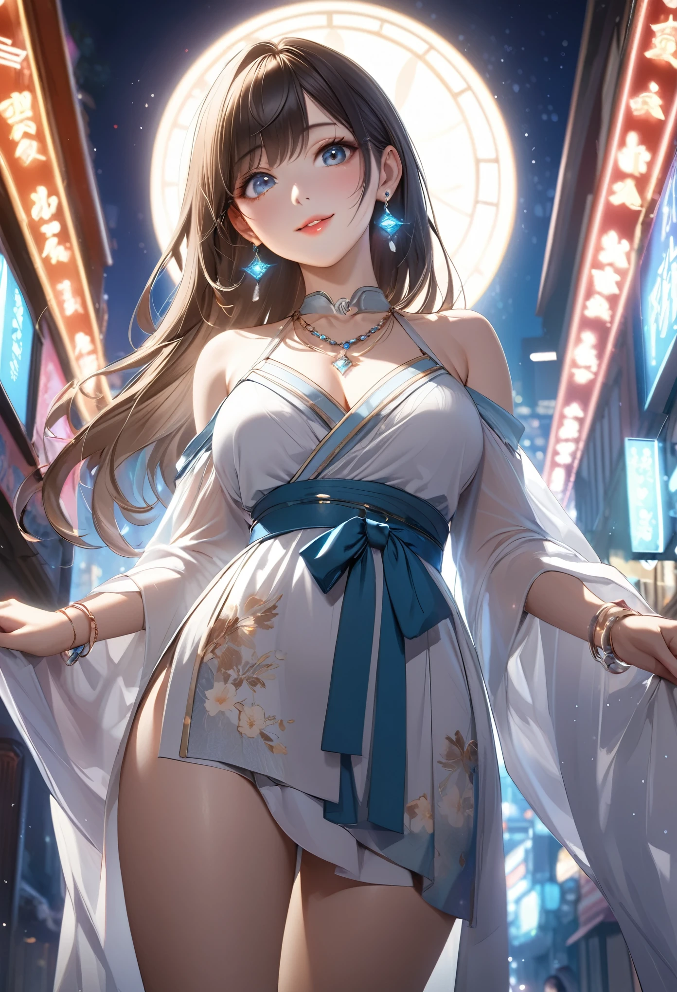 elaborate Hanfu, ((whole body)), ((from below)), ((gufeng,bare shoulders)), clear face, pretty face, 8k, masterpiece, original photo, best quality, detail:1.2,lifelike, detail, Very detailed, CG, Unite, wallpaper, depth of field, movie light, lens flare, Ray tracing, (extremely beautiful face, beautiful lips, beautiful eyes), Complex, detail face, ((ultra detailed skin)), 1 girl, in the darkness, deep shadow, beautiful korean girl, kpop idol,(Very slim figure:1.3), plump breasts, Slender sexy legs, elegant posture, (bright smile), (City night, (neon lights), (night), beautiful korean girl, white diamond earrings, diameter bracelet, Dia Necklace, clear eyes, facing forward, (big eyes)