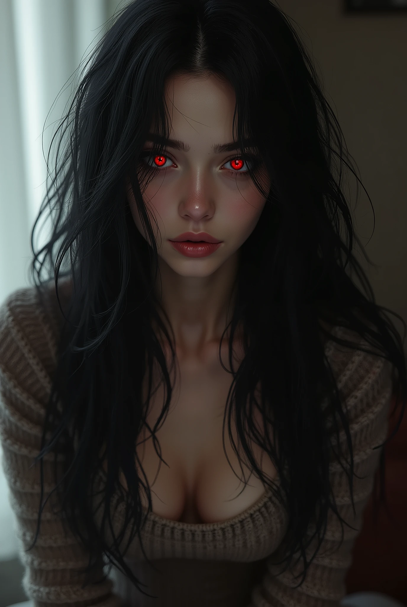 Female,Beautiful,Black hair,Long,Red eyes,Sparkling,Sweater,Possessive,Yandere