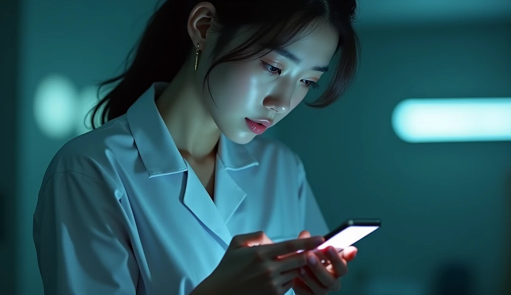 Create an image of an Asian female nurse addicted to online gambling,using phone